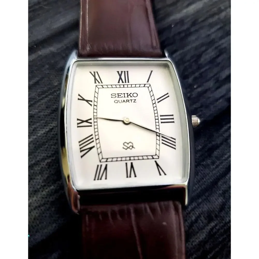 RARE NOS Seiko Men Barrel Tank White Roman Dial Brown Strap - Picture 4 of 7